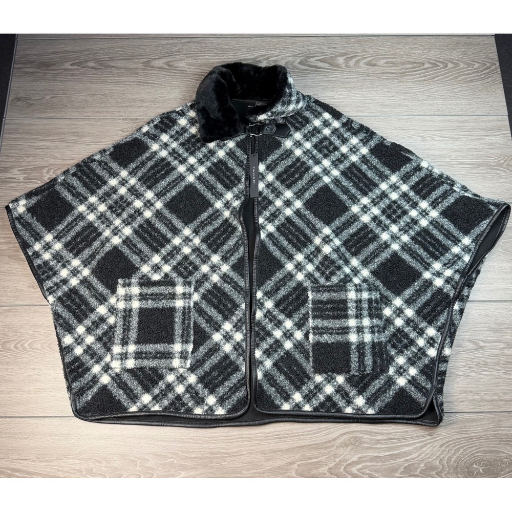 Tahari Womens Poncho Plaid Faux Fur Collar Sherpa Fleece Black White L/XL New